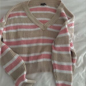 Striped V-Neck Sweater - Pink, White, and Tan